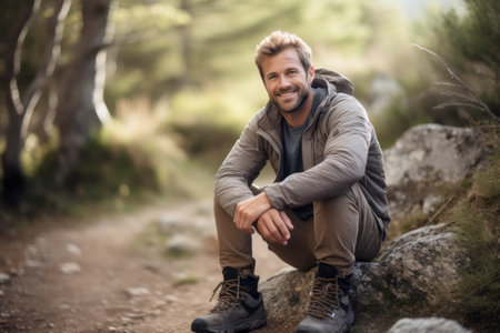 Portrait of a smiling hiker sitting on a rock in the countrysideの素材