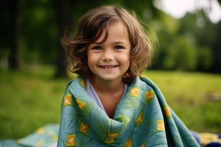 Portrait of a cute little girl wrapped in a blanket outdoors.の素材