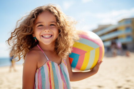 summer holidays, childhood, travel and people concept - close up of smiling little girl with beach ball on beachの素材