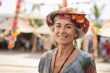 Portrait of smiling senior woman in hat at flea market outdoorsの素材