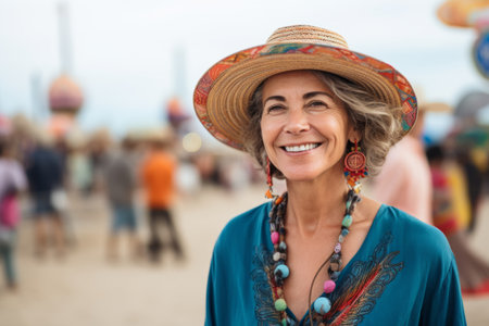Portrait of a smiling woman in a straw hat on the beachの素材