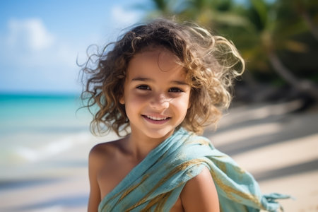 Portrait of cute little girl with curly hair on the tropical beachの素材