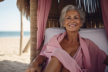 smiling senior woman sitting in hammock on beach during summer vacationの素材