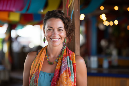 Portrait of smiling woman with handkerchief in coffee shop at counterの素材