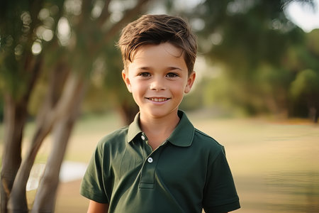 Portrait of a smiling little boy standing in the park and looking at cameraの素材