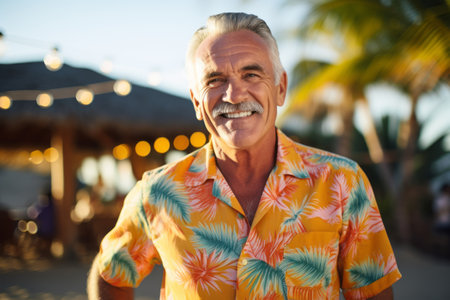 Portrait of happy senior man smiling while standing at beach during summer vacationの素材