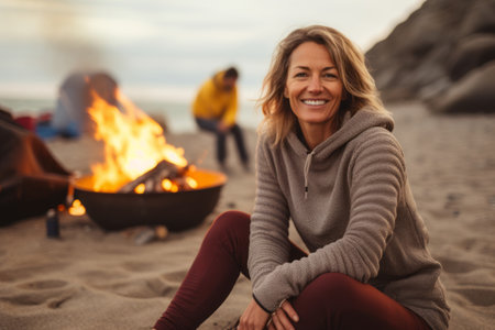 Portrait of smiling woman sitting by bonfire on beach in autumnの素材
