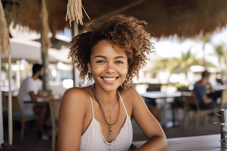 Portrait of a beautiful young African American woman smiling at the camera in a restaurantの素材