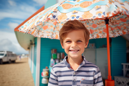 Portrait of a smiling little boy with an umbrella on the beachの素材