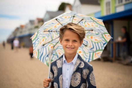 Portrait of a smiling boy with an umbrella on the beach.の素材