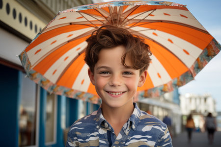 Portrait of a smiling little boy with umbrella on a sunny dayの素材