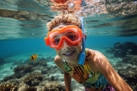 Portrait of smiling boy with mask and snorkel underwater at coral reefの素材