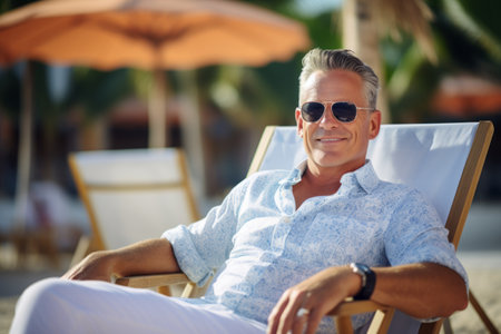 Handsome mature man relaxing on a deckchair on the beachの素材