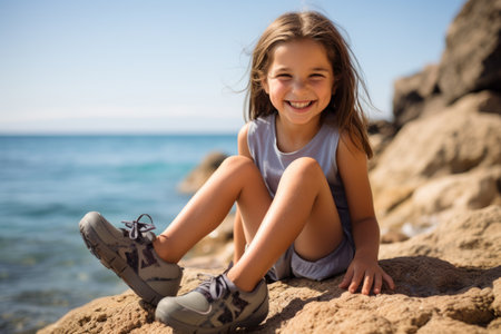 Portrait of smiling little girl sitting on rock by sea on a sunny dayの素材