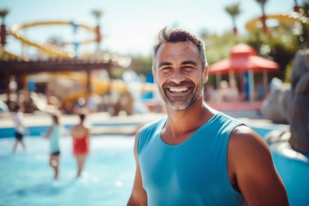 Portrait of smiling man looking at camera while standing near swimming pool at amusement parkの素材
