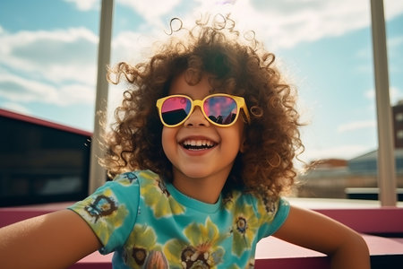 Portrait of a cute little girl with curly hair and sunglasses.の素材