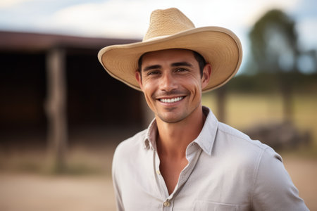 Portrait of a handsome man in cowboy hat smiling at camera on ranchの素材