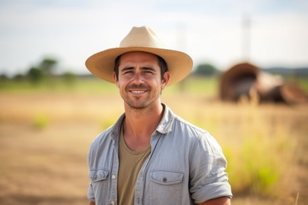 Portrait of a smiling farmer standing in field on a sunny dayの素材