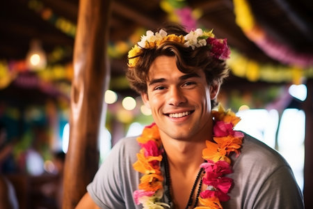 Handsome young man with flower wreath on his head in a restaurantの素材