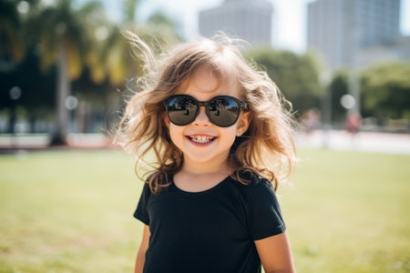 portrait of smiling little girl in sunglasses in park on summer dayの素材