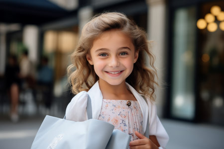 portrait of smiling little girl with shopping bags looking at camera in mallの素材