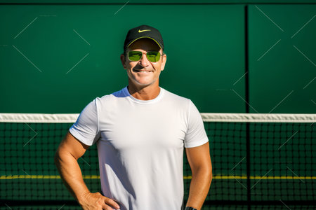 Portrait of a smiling male tennis player standing on a tennis courtの素材