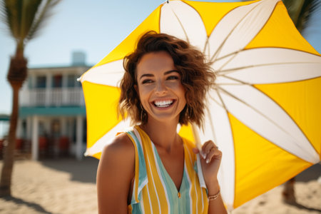 Close up portrait of a beautiful young woman smiling and holding umbrella on the beachの素材