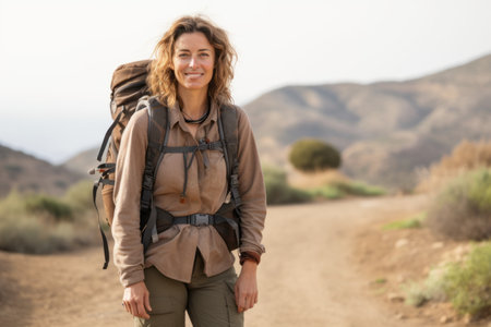 Portrait of smiling female hiker standing on trail in the countrysideの素材