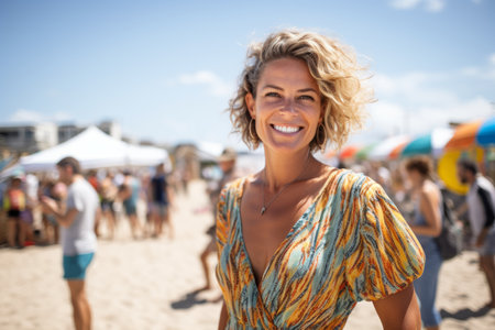 Portrait of smiling young woman standing on beach with friends in backgroundの素材