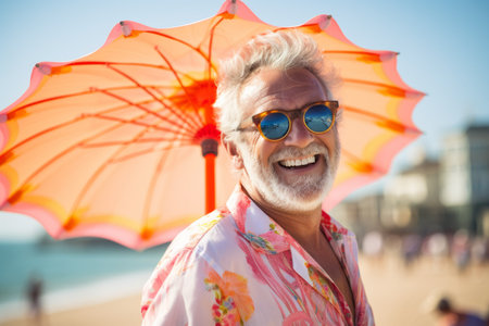 Portrait of happy senior man with umbrella on the beach in summerの素材