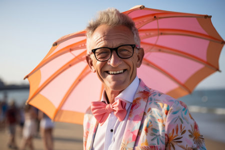 Portrait of smiling senior man with umbrella on beach during sunny dayの素材