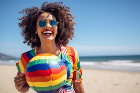 Portrait of smiling young woman holding beach ball on a sunny dayの素材