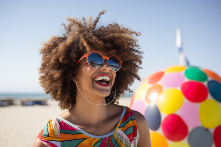 Portrait of smiling young woman with afro hairstyle and sunglasses on the beachの素材