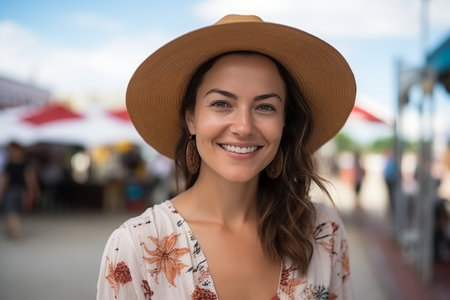 Portrait of a beautiful young woman smiling at the camera at the marketの素材