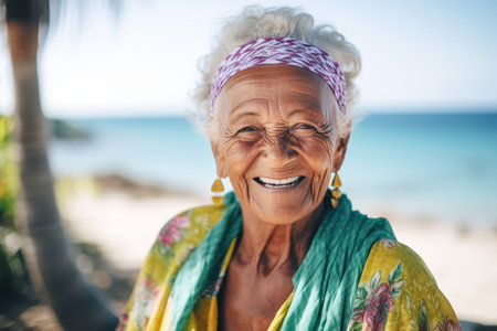 Portrait of smiling senior woman on the beach. Focus on faceの素材