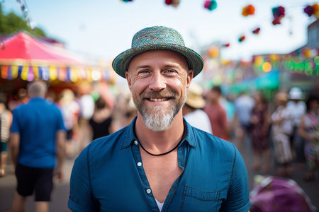 Portrait of a happy senior man with hat at a street marketの素材