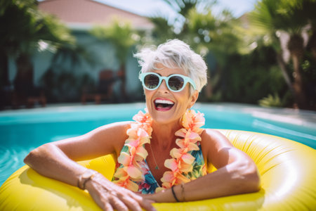 Portrait of smiling senior woman relaxing on inflatable mattress in swimming poolの素材