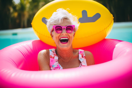 Happy senior woman having fun on inflatable ring in swimming pool.の素材
