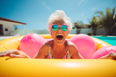 Elderly woman on inflatable mattress in swimming pool on a sunny dayの素材