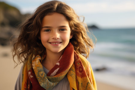 Portrait of a cute little girl wearing scarf on the beach at sunsetの素材