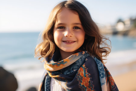 Portrait of a cute little girl wearing scarf and looking at camera on the beachの素材