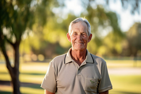 Portrait of senior man standing in the park on a sunny dayの素材