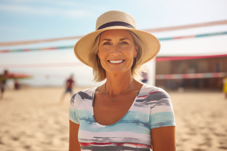 Portrait of smiling woman in hat standing on beach at sunny dayの素材
