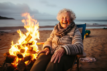 Senior woman sitting by bonfire on the beach at autumn day.の素材