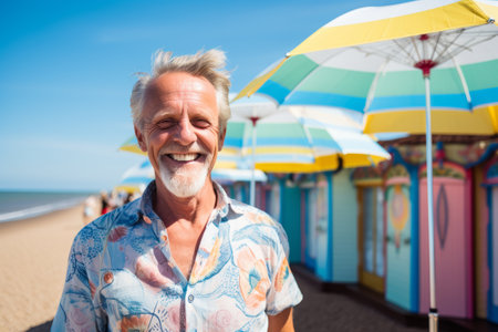 Portrait of smiling senior man standing on beach with beach umbrella in backgroundの素材