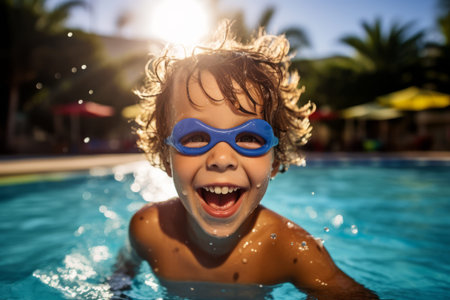 Portrait of happy kid boy in swimming pool having fun on summer vacationの素材