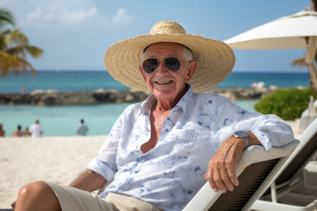 Portrait of happy senior man sitting in chaise lounge on tropical beachの素材