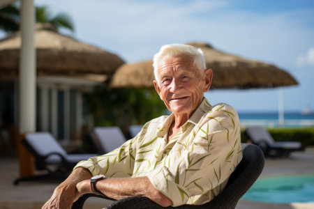 Portrait of happy senior man sitting in chair at poolsideの素材