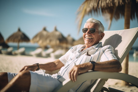 Senior man relaxing on a deckchair on a tropical beach with his eyes closedの素材