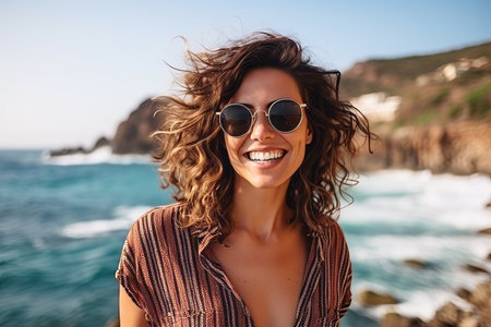 Portrait of a beautiful young woman with curly hair in sunglasses on the beachの素材